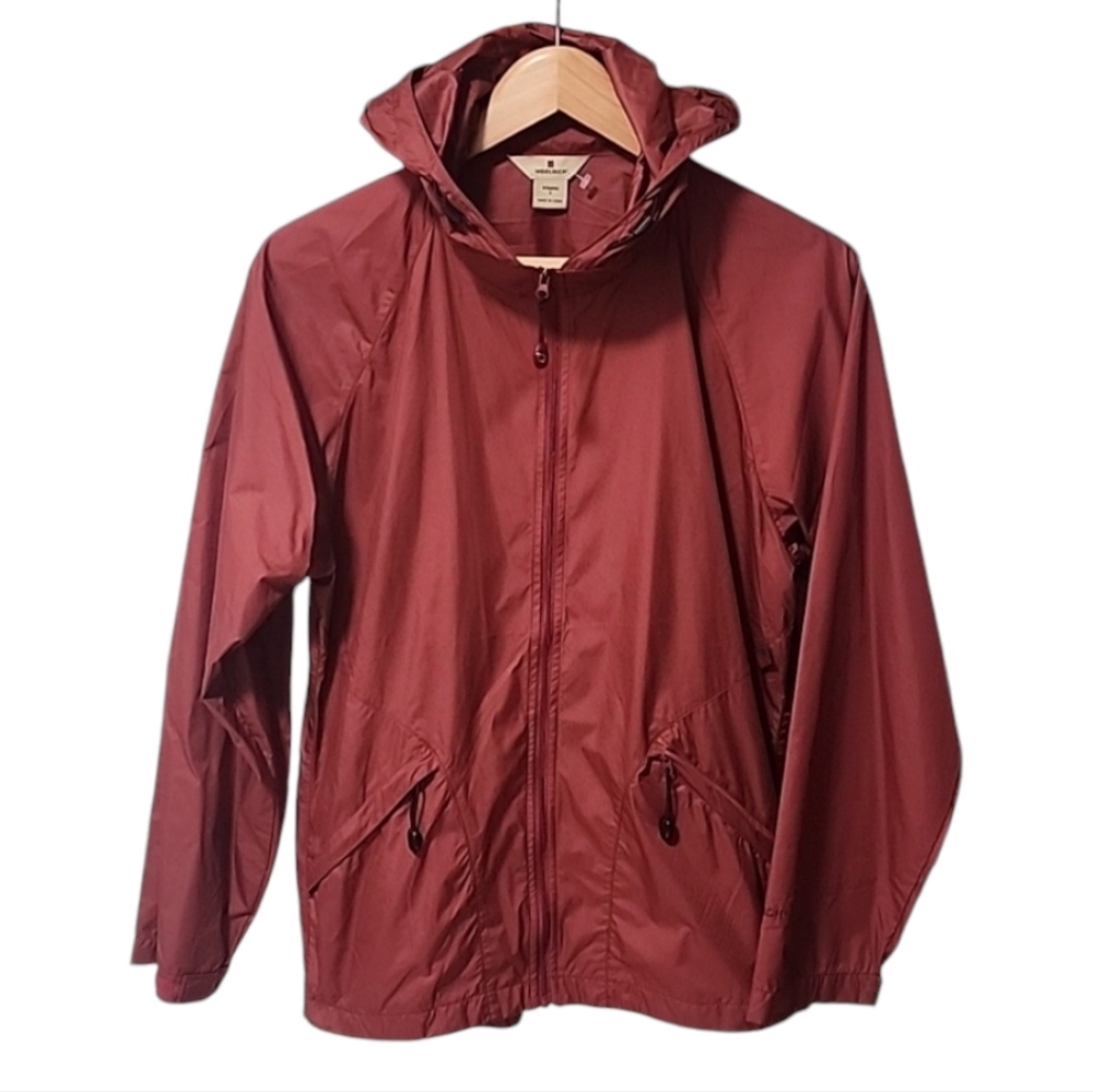 WOOLRICH Hybrid Windbreaker Utility Jacket S Beet Red Hood Packable Travel - Picture 13 of 14